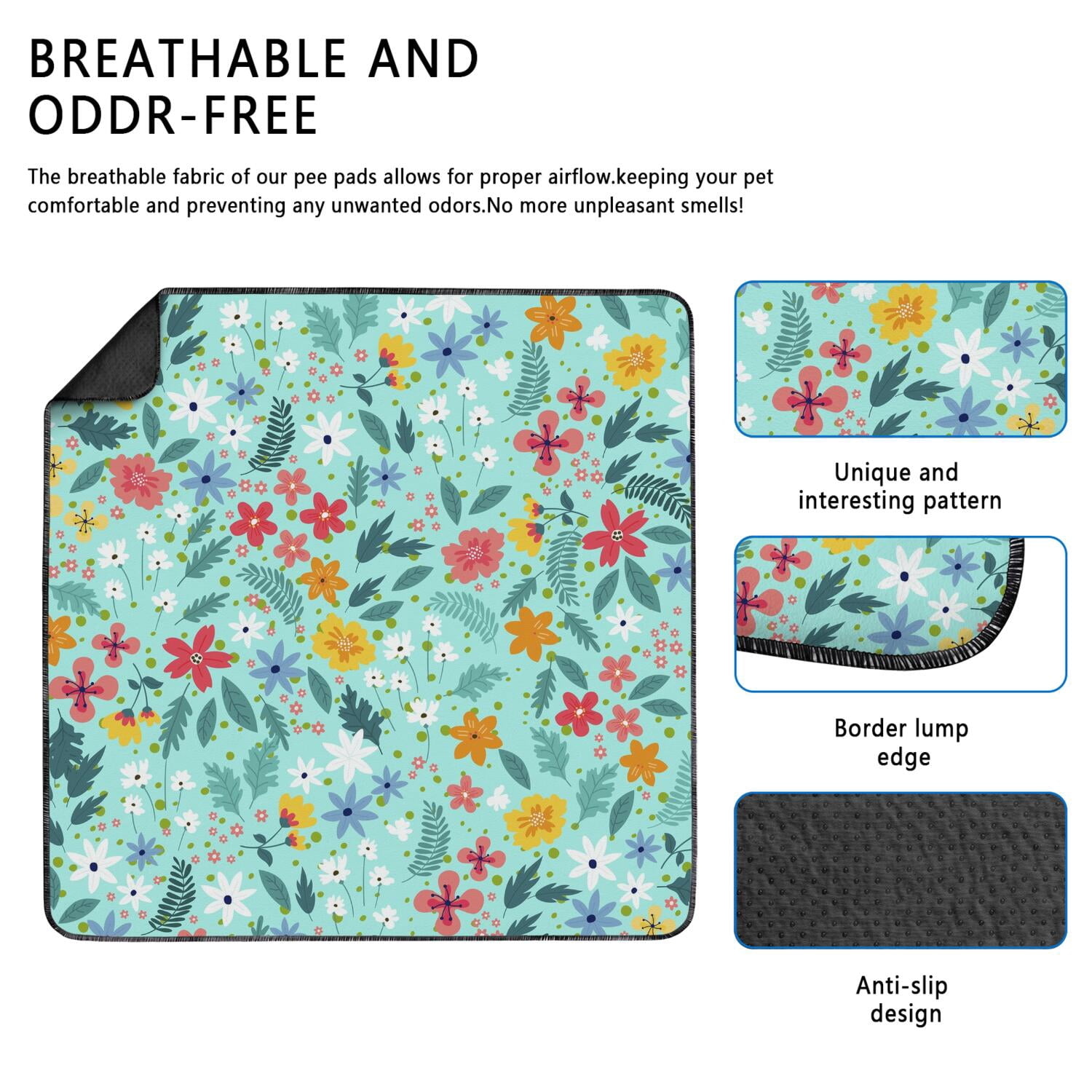 2-Pack Floral Washable Pet Training Mats, Extra Large 48x48 Inch Reusable Puppy Pads, Non-Slip Housebreaking Solution for Big Dog Crate and Floor Use