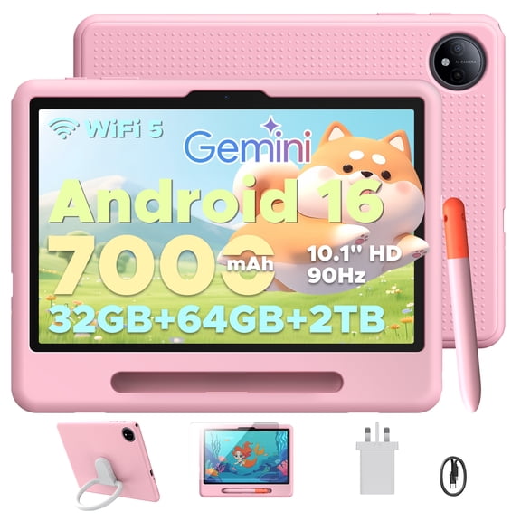 POCKAM P10 Kid Kids Tablet, 32GB RAM 64GB ROM, 90Hz Android 16 Tablet with Gemini AI, Quad-Core T310, 10.1" IPS HD Screen, 7000mAh, 5G WIFI, 10 inch Talet with Stylus Pen, Silicone Case-Blue