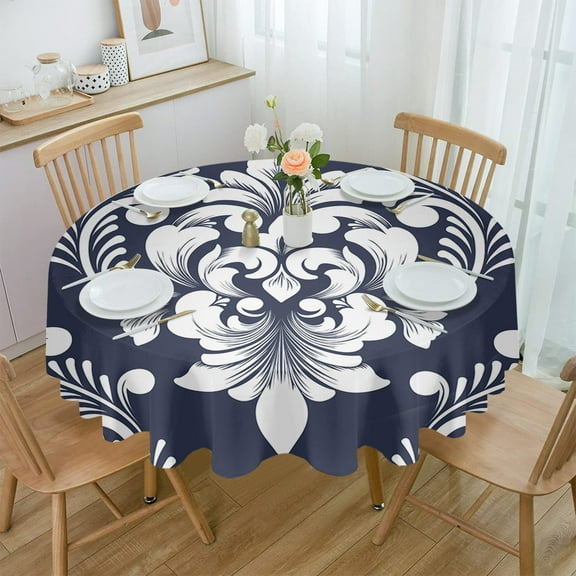 Classic Damask Navy Blue Waterproof Tablecloth Table Decoration Round Table Cover for Kitchen Wedding Home Dining Room