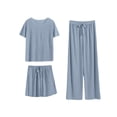 thumbnail image 3 of THDHVS Lounge Sets for Women,Womens Solid Round Neck Short Sleeve Top Shorts Pants 3 Piece Pajama Set,Women's Sleepwear Blue Free Size, 3 of 7