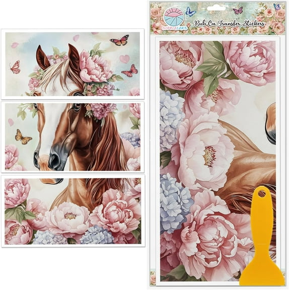 3 Sheets Flower Horse Furniture Transfers Stickers 6x12inch Flower and Butterfly Rub on Transfer Self-Adhesive Wall Art Decals