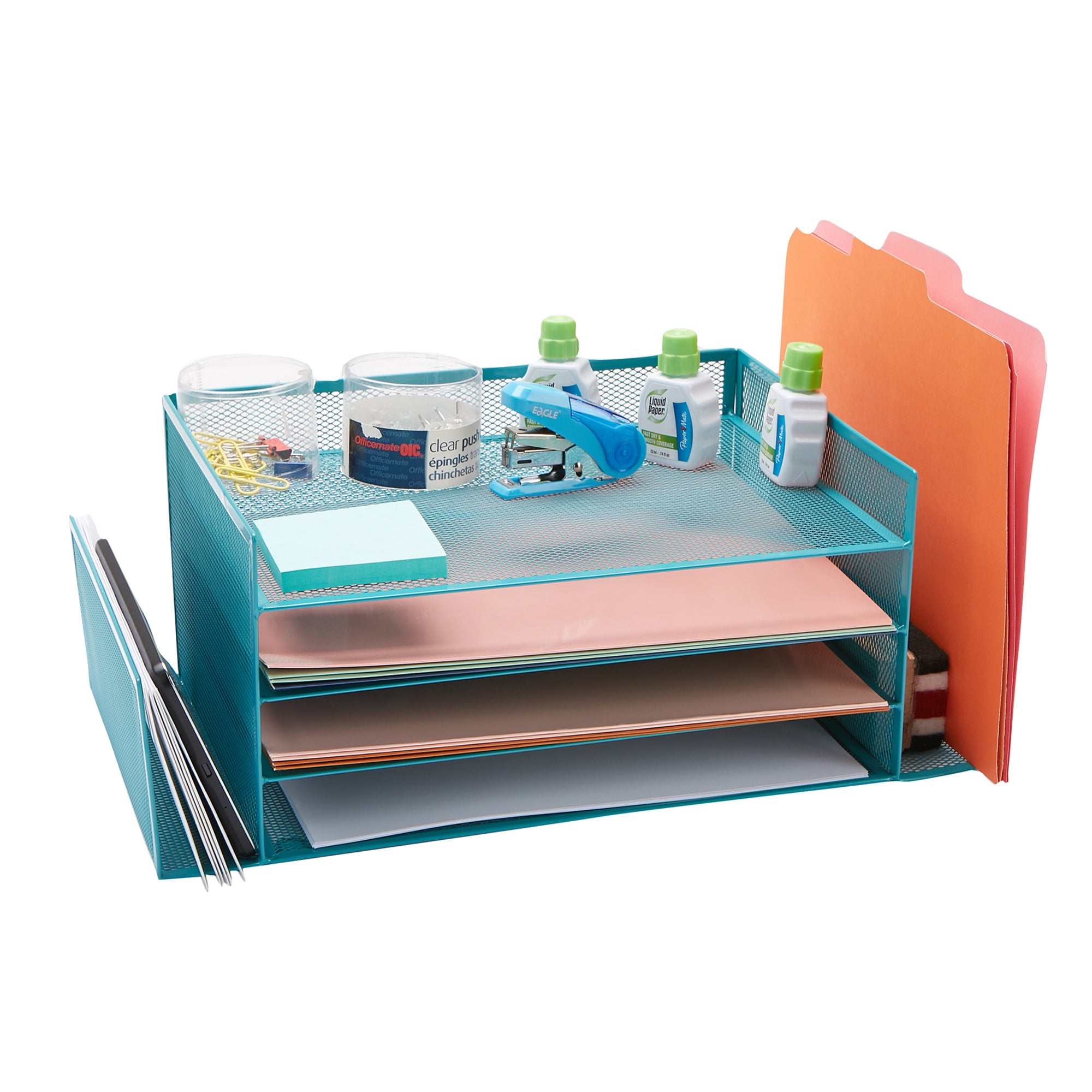 Mind Reader Desktop Organizer, File Storage, Paper Tray, Workspace, Office, Metal, Turquoise