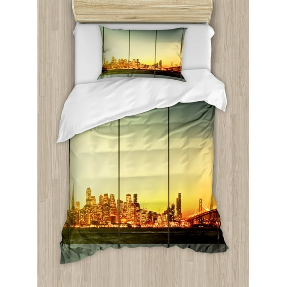 Modern Duvet Cover Set, Empty Office at Sunset with View to Skyline Architecture Downtown City Art, Decorative 2 Piece Bedding Set with 1 Pillow Shams, Twin Size, Orange Grey Green, by Ambesonne