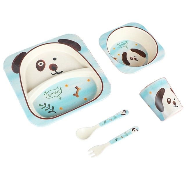 Juego de vajilla de fibra para niños, serie de viñetas de animales de bambú, protección del medio ambiente, plato dividido para bebé, juego de cinco piezas