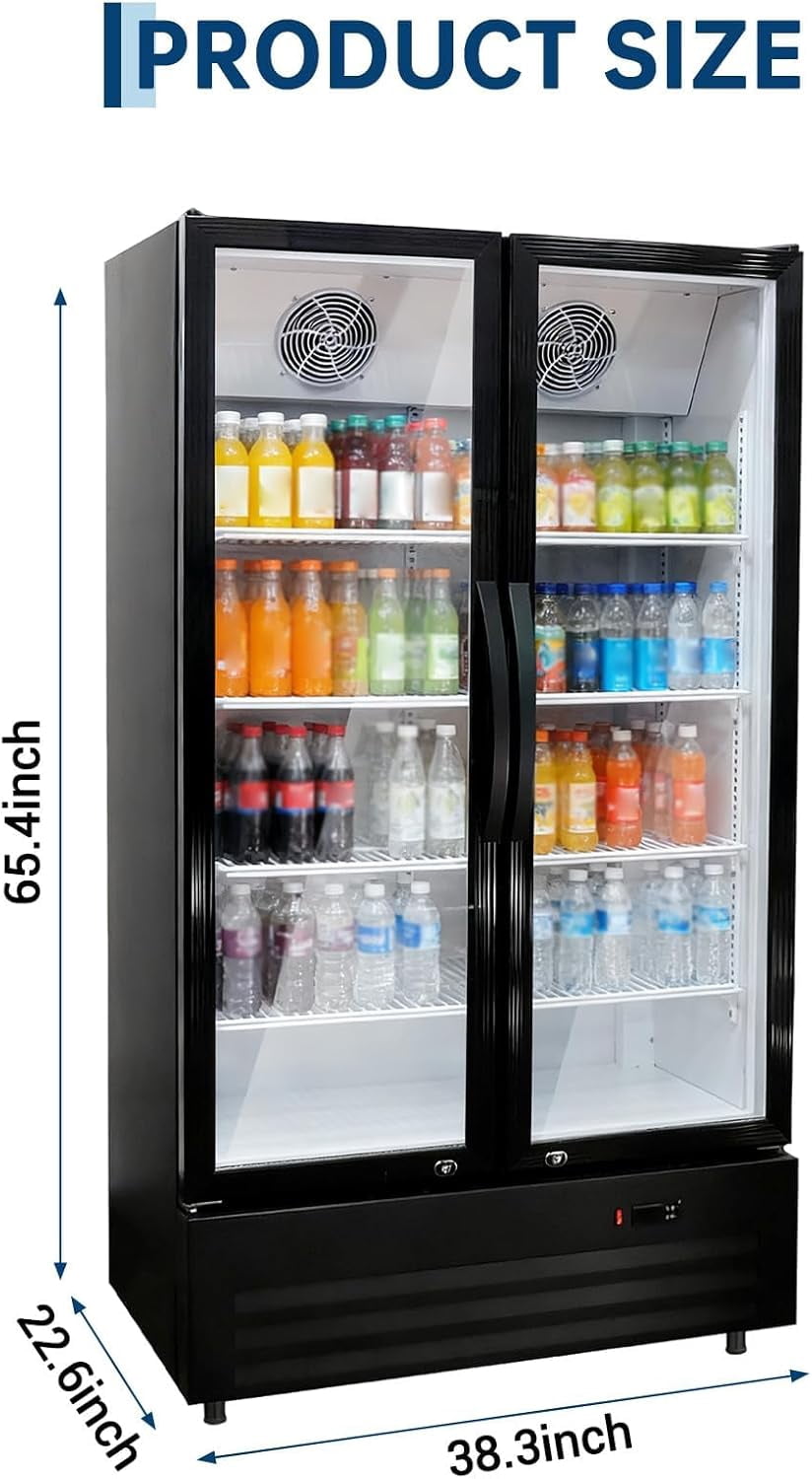 GlowSol 32.5 Cu. Ft. Commercial Beverage Fridge – Double Glass Door Display Refrigerator featuring 8 Adjustable Shelves and a Frost-Free System.