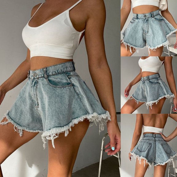 Daiosportswear Womens Ruffle Hem Wide Leg Denim Shorts High Waist Flare Jeans with Pockets,Shorts for Women