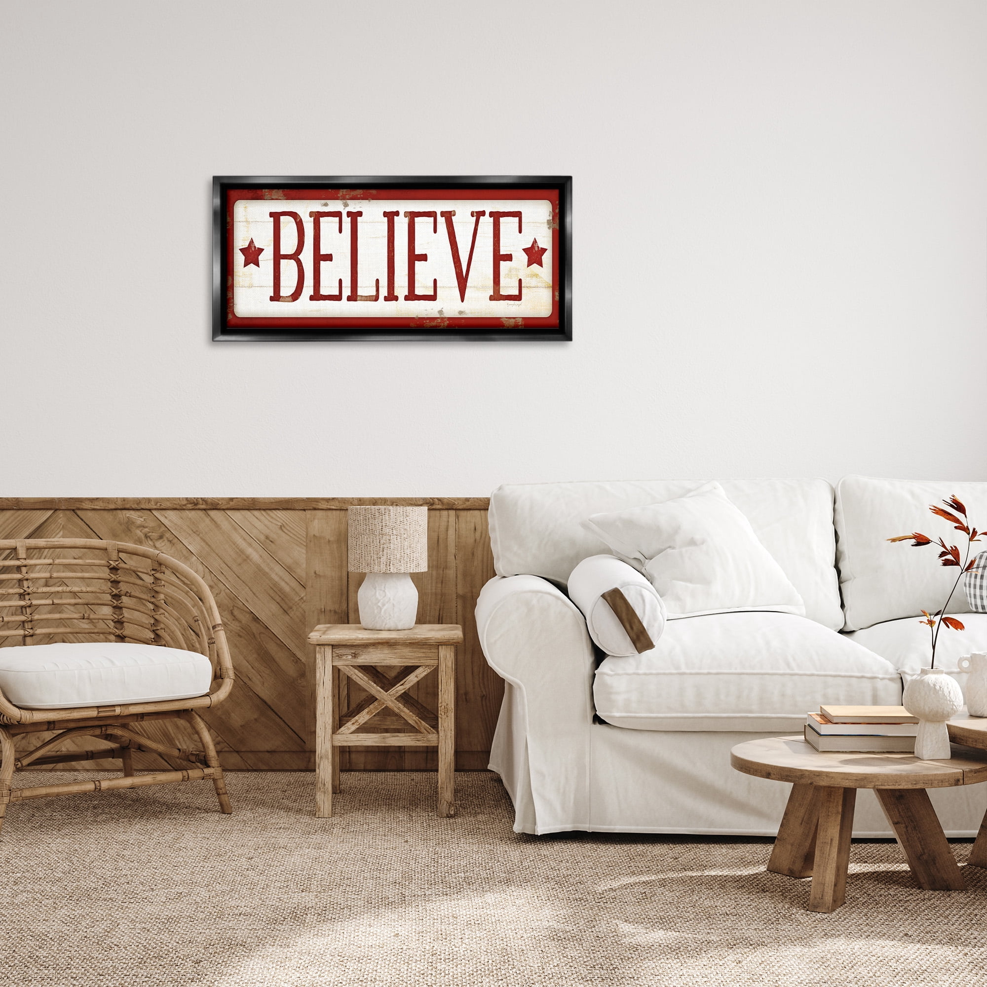 Stupell Industries Believe Red Christmas Phrase Holiday Painting Black Floater Framed Canvas Art Print Wall Art, 31 x 14