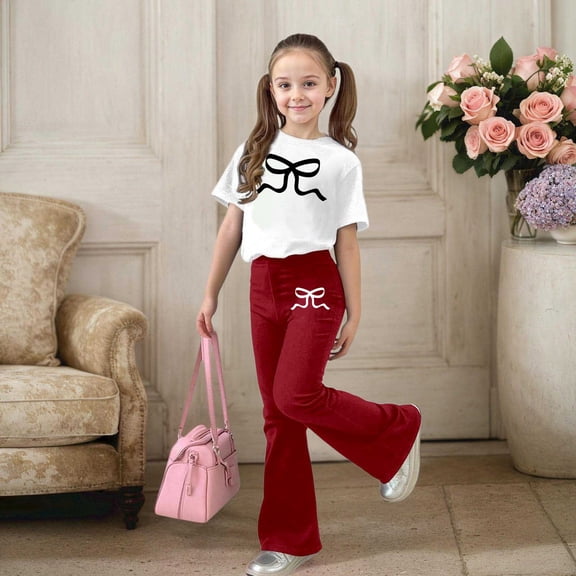ZHOGXU Big Kids Girls Outfit Bow Printed Short Sleeve Round Neck Top And Flare Leg Pants Two Piece Comfortable Fashion Sets For Daily Wear Brick Red 9-10 Years