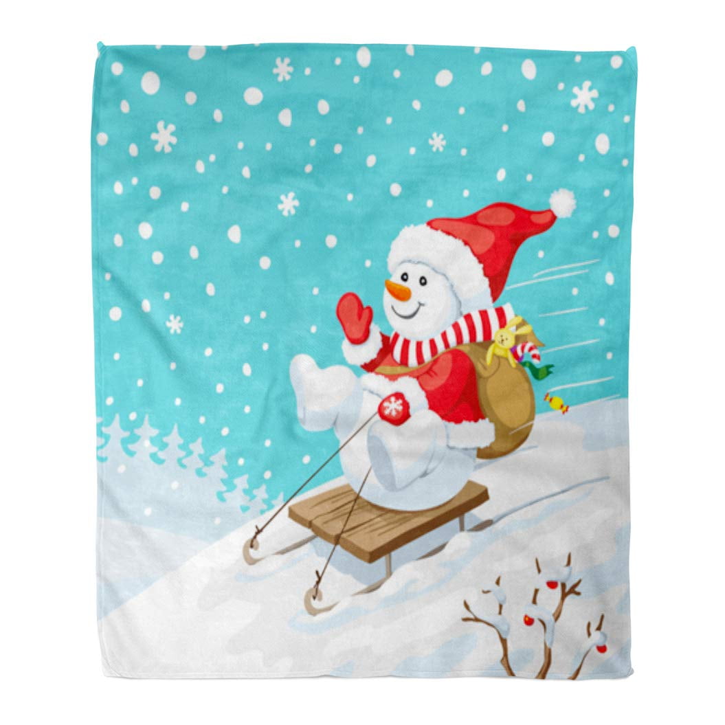 LADDKE Throw Blanket 58x80 Inches Blue Happy Christmas Snowman on Sled