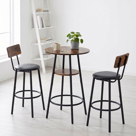Round Bar Table Set with Storage Shelf & Upholstered Stools Industrial Pub Table with Backrest Chairs for Kitchen Living Room Party & Game Night Rustic Brown