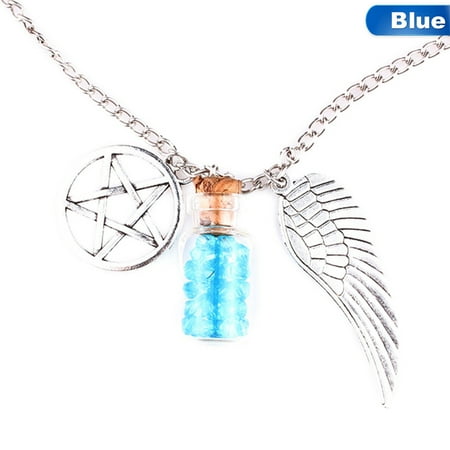 Supernatural Silver Fancyleo Handmade Movie Supernatural Pentacle Angel Wings Wishing Bottle Guardian Series Silver Color Necklace Jewelry ()