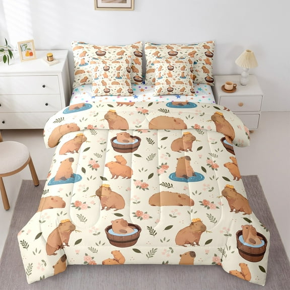 Manfei Cartoon Cute Kapibara 7-Piece Twin Bedding Sets,Brown Animal Capybara Bedding Comforter Set,Pink Flower Floral Sheet Sets For Kids Girls,Ultra Soft Home Decor Reversible