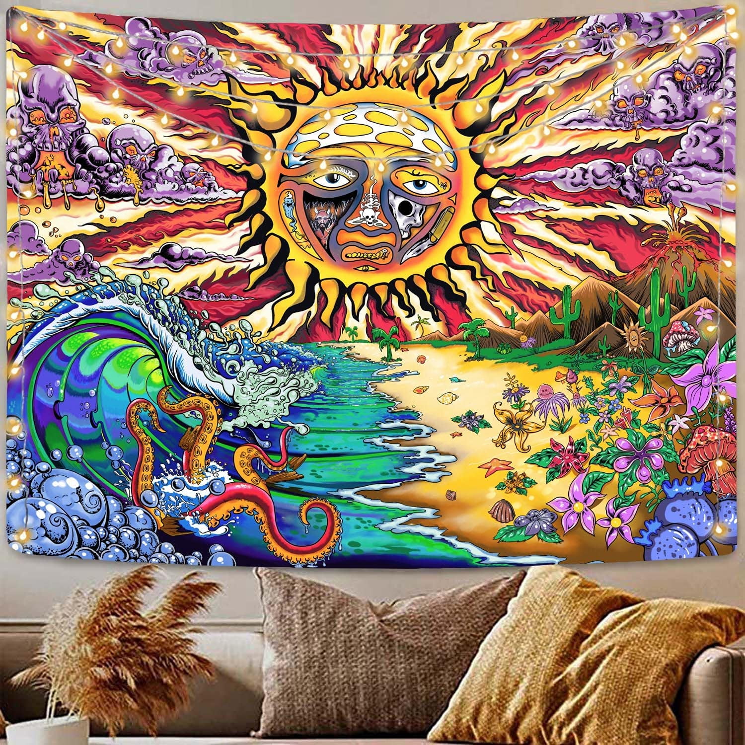 SHTUUYINGGTrippy Burning Sun Tapestry for Bedroom Hippie Sublime Ocean Wave Sunset Sunrise Skull Colorful Mushroom and Plant Room Wall Decor 44 60 inches Walmart