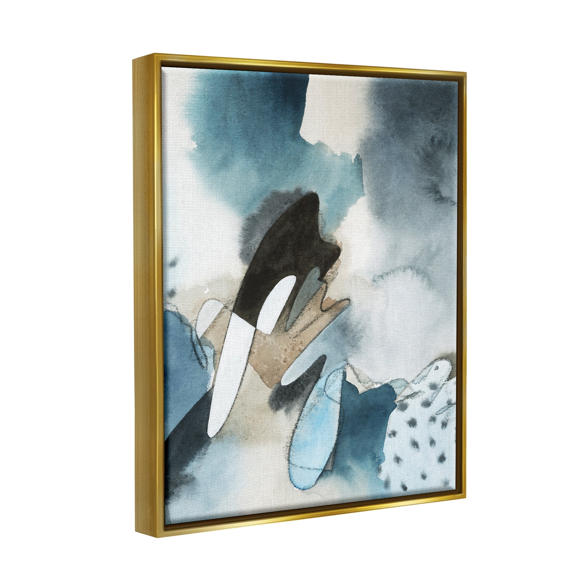 Stupell Industries Fluid Blue Geometric Shapes Abstract Paint Scribbles Painting Metallic Gold Floating Framed Canvas Print Wall Art, Design by Grace Popp