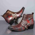thumbnail image 4 of Men's Python Print Double Buckle Chelsea Boots - Vintage Pointed Toe Ankle Boots with Side Zipper, Comfortable Low Heel, 4 of 6