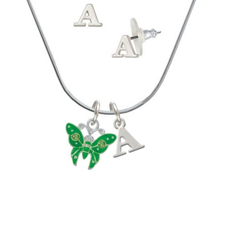 Lime Green Butterfly with 2 Lime Green Crystals - A Initial Charm Necklace and Stud Earrings Jewelry Set