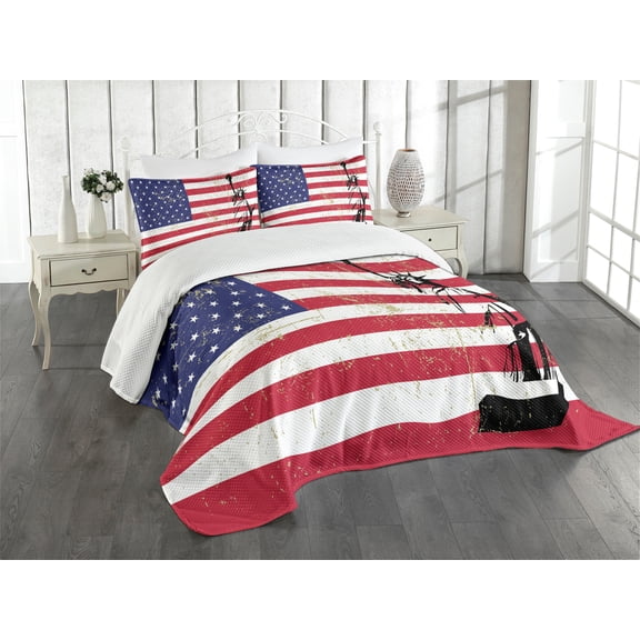 Ambesonne New York Quilted Bedspread Set 3 Pcs, Liberty USA, King Size, Dark Coral White
