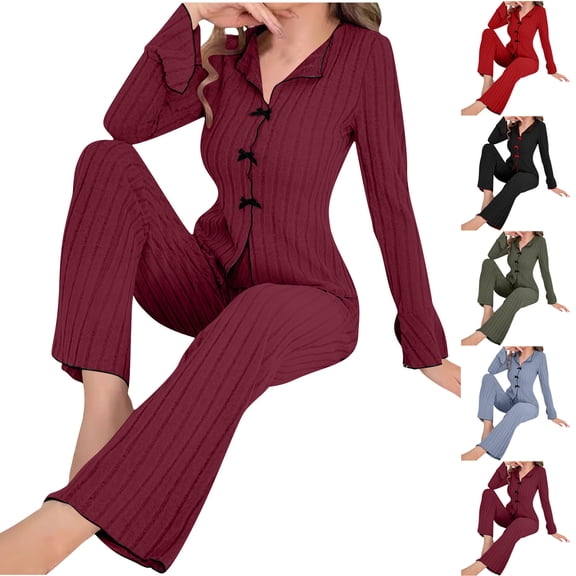 HVOBTTY Women's Long Sleeves and Long Pants Pajama Sets, Pajama Sets for Women, Women's Casual Fashion Lapel Bowknot Long Sleeve Top and Long Pants Sleepwear Sets Green, XL