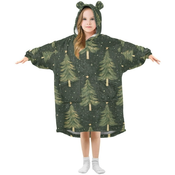 FORMRS Wearable Blanket Hoodie with Sleeves for Kids Cozy Flannel Sweatshirt, Hand Drawn Christmas Trees