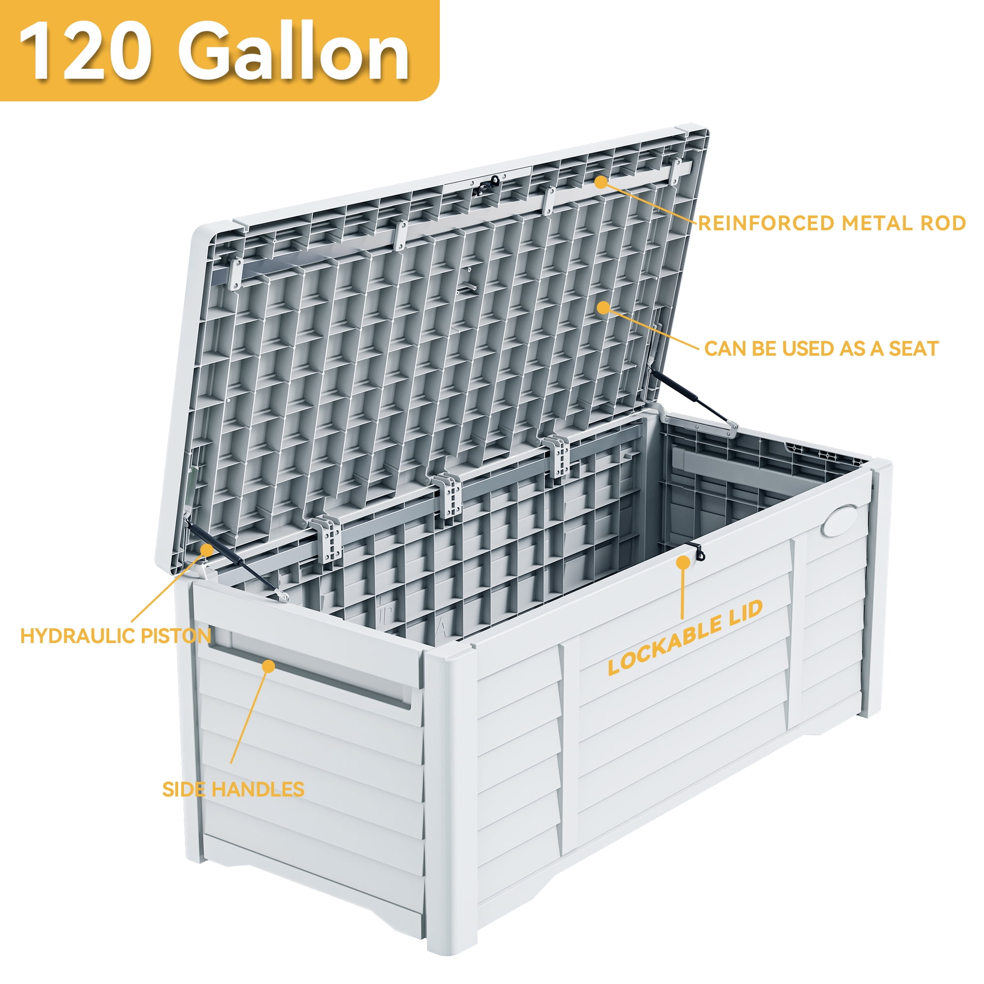 Dextrus 120 Gallon Outdoor Waterproof Resin Deck Box, White, Storage & Seating Function