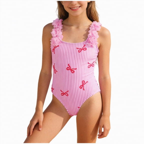 kpoplk Girls Swimsuits Kids Bathing Suit One Piece Swimwear with UPF 50 Cute(Pink,6-7 Y)