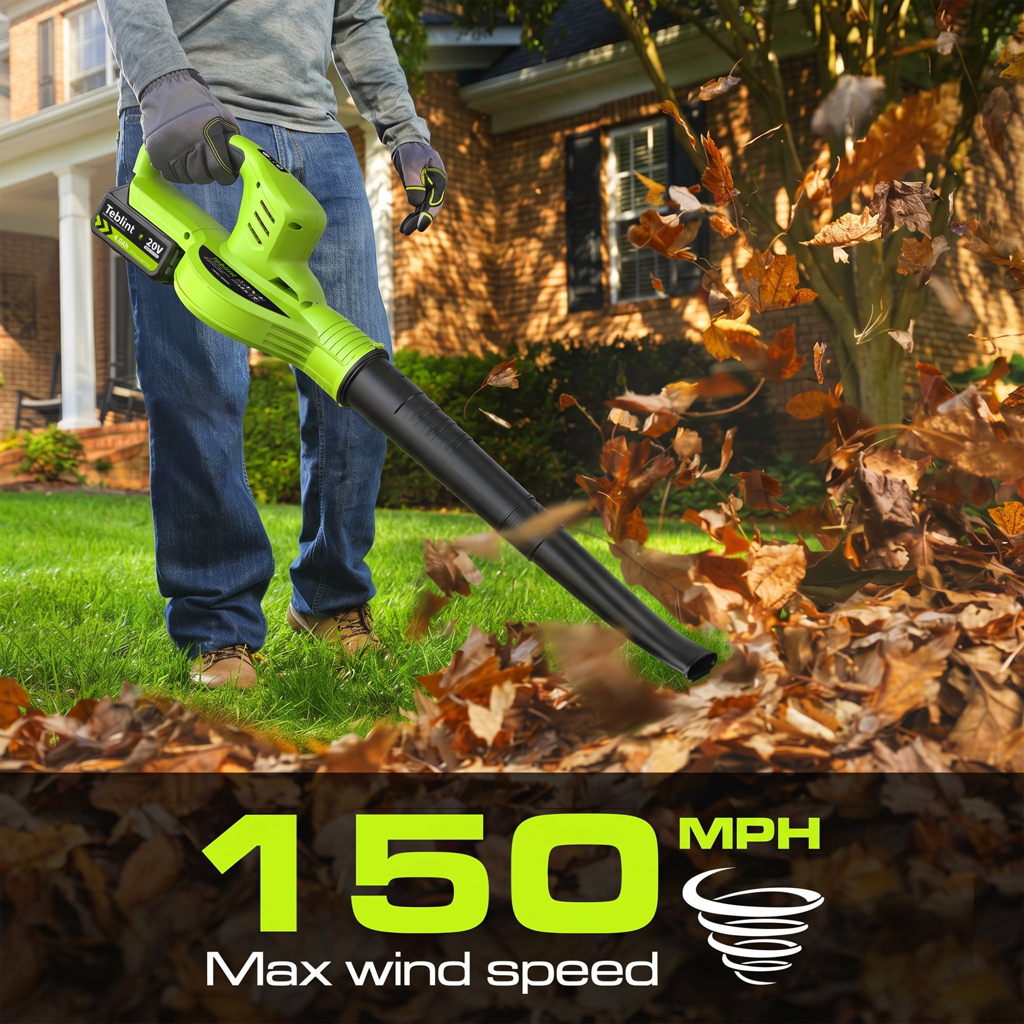 Teblint Cordless Leaf Blower, 150MPH 350 CFM 20V Electric Leaf Blower with 4.0Ah Battery & Charger, Battery Powered Leaf Blower for Snow Blowing, Lawn Care, Patio, Garden Cleaning(Green)
