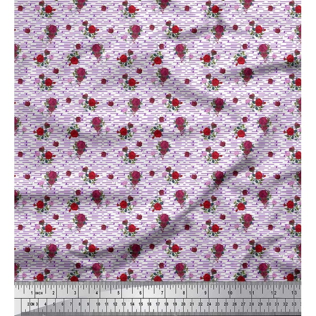 Soimoi Tissu Crêpe polyester Violet Labyrinthe & Roses Imprimés Floraux au Mètre 42 Pouces de Large