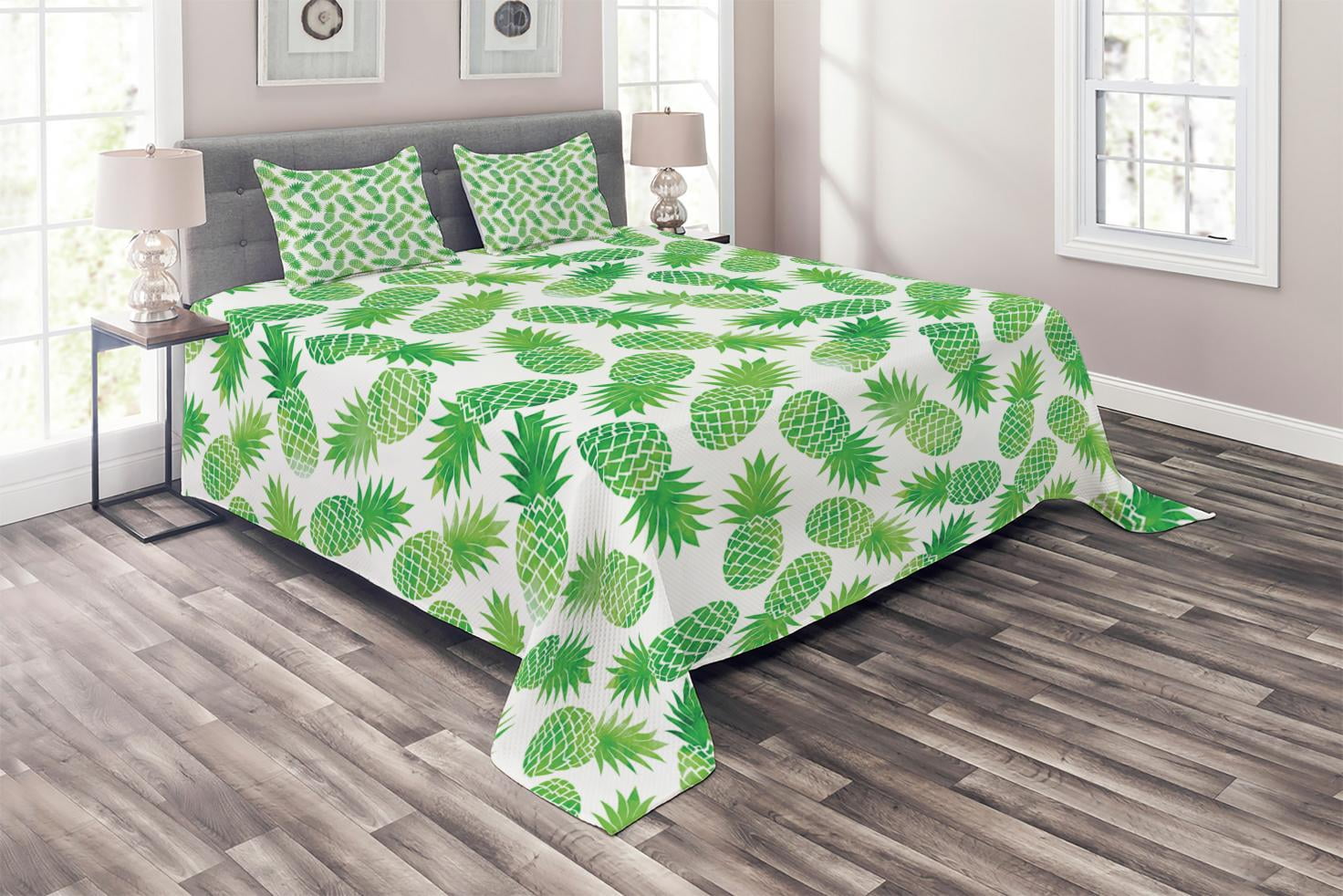 Pineapple Coverlet Set Queen Size, Ombre Watercolor Scattered Pineapples in Different Directions