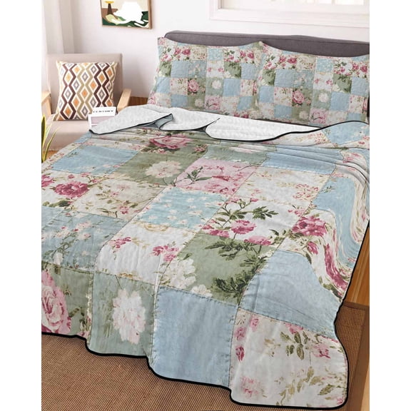 Green Blue Pink Botanical Full Size Down Alternative Comforter, Lightweight Comforter Quilt Bedding Set with Pillow Shams Spring Floral Vintage All Seasons Bed Comforter Duvet Insert 78"x90"