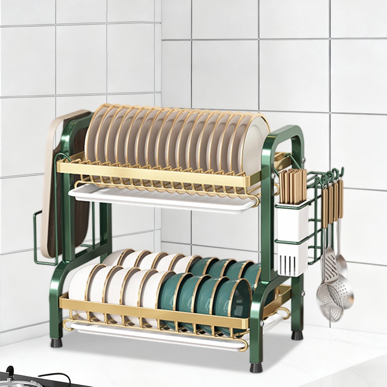 Bxaolu 2-Tier Dish Drying Rack - Stainless Steel Dish Rack with Cutlery & Utensil Holders for Kitchen Countertop, Sink Organization and Storage Essentials, Home Decor, Green