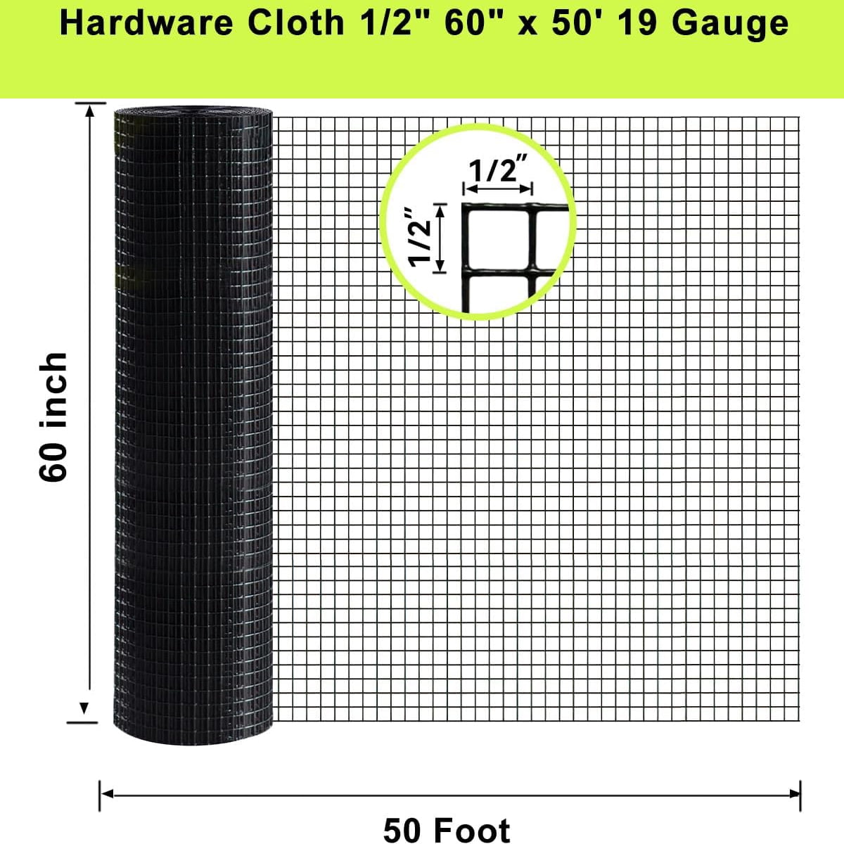 Miniyam 19-Gauge 1/2 inch Black PVC Coated Hardware Cloth – Welded Wire Fence for Poultry Netting, Chicken Coop Cover, and DIY Projects (60in x 50ft)