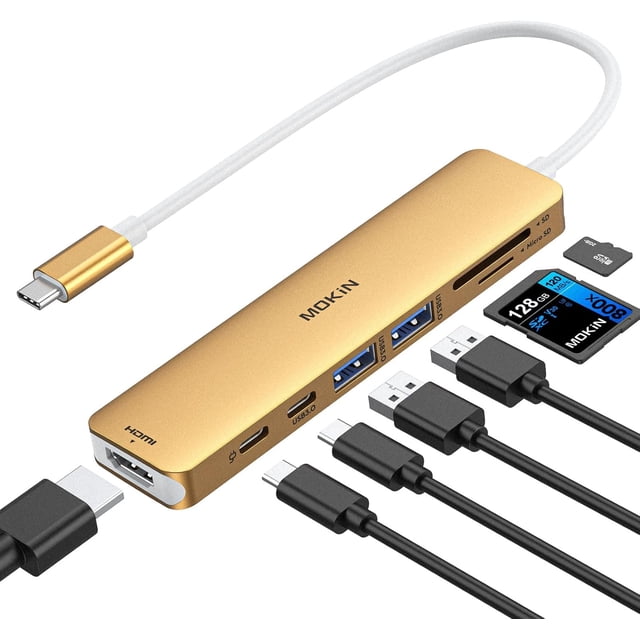 USB C Hub Adapter for Pro/Air, MOKiN 7 in 1 USB C Dongle with , SD/TF Card Reader, USB C Data Port,100W PD, and 2 USB 3.0 Compatible for Pro/Air, XPS, Thinkpad.