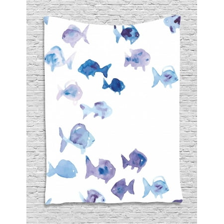 Ocean Themed Wall Decor Animal Tapestry, Cute Little Fishes Watercolors Ocean Underwater Life Marine Theme Artwork, Wall Hanging for Bedroom Living Room Dorm Decor, Baby Blue Blue Mauve, by Ambesonne ()