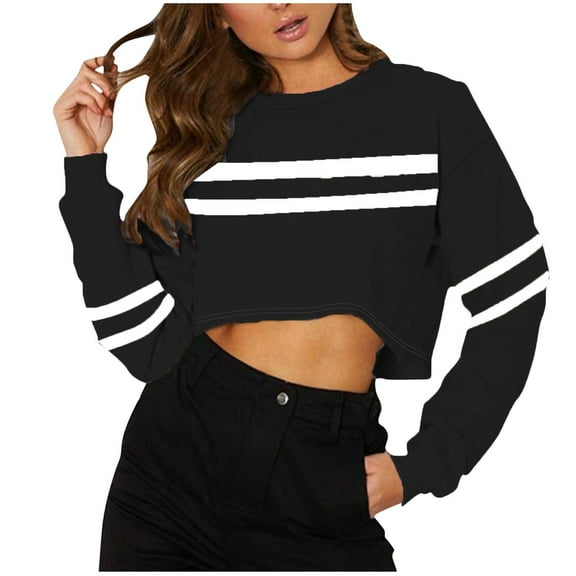 Darzheoy Womens Tops Round Neck Long Sleeve Stripped Solid Color Fall Winter Pullover Sweatshirts Cropped Comfortable Trendy Hoodless Versatile Blouses