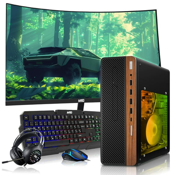 Restored HP Half Dark Gaming PC Desktop Computer – AMD Pro A10-9700,RX 550 Graphics,8GB RAM,1TB SSD,32 Inch Curved Monitor,RGB Keyboard with AI Copilot,Mouse,WiFi,RGB Headphone,Windows 11