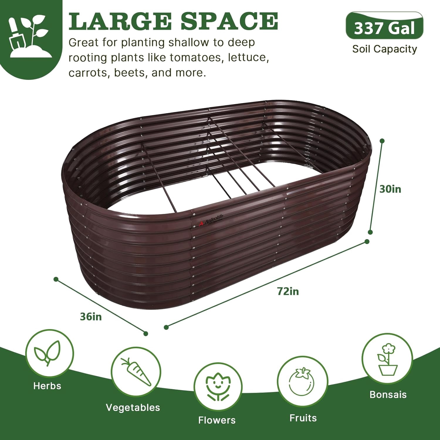 A ANLEOLIFE 30" Extra Tall Galvanized Raised Garden Beds Outdoor, 6x3x2.5ft Oval Metal Planter Boxes for Planting Vegetables, Flowers, Fruits, Eco-Safe & Easy Setup, CaféBronze
