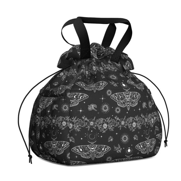 Moth and Flower Gothic Pattern Drawstring Insulated Lunch Bag for Women, Stain-Resistant Large Lunch Tote with Multi-Pockets for Work Office