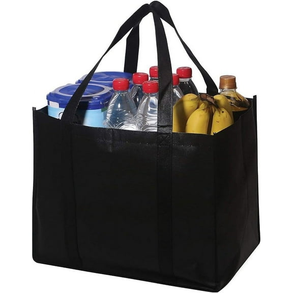 1Pc Reusable Grocery Bags, Shopping Bags for Groceries, Black Non-Woven Fabric Multifunctional Shopping Bag with Reinforced Handles & Thick Plastic Support Bottom yo Hold 50 Pounds of Groceries