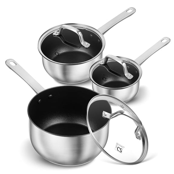 Koch Systeme CS 1&2&3QT Nonstick Coating Stainless Steel Saucepan Set,  Induticon Sauce Pan Sets with Lids, Easy to Clean, Oven Safe