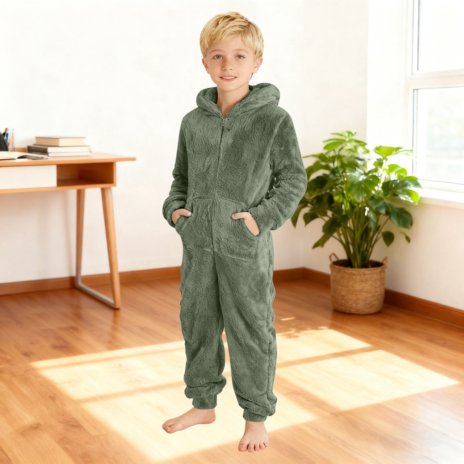 Adeawade Child Spring Onesie For Boys 5-6 Years Long Sleeve Round Neck Boys Warm Hooded Onesie Jumpsuit Winter Warm Lined Pajama Outfit For Toddler Kids Relax Fit Wear Dark Green