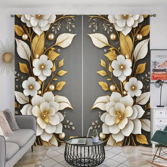 WNOOHIY White Golden Floral Light Filtering Curtains for Living Room Bedroom, Set of 2 Panels