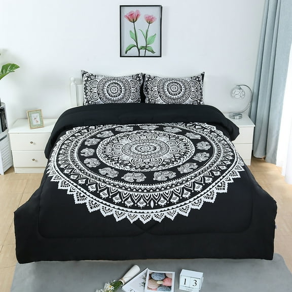 PiccoCasa 3Pcs Full Size Comforter Set All-Season for Bedding, Full Bohemian Black, Includes 1 Comforter, 2 Pillow Cases