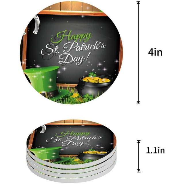 RYLABLUE Happy St. Patrick's Day Clover Black Board Text Set of 4 Round Coaster for Drinks, Absorbent Ceramic Stone Coasters Cup Mat with Cork Base for Home Kitchen Room Coffee Table Bar Decor