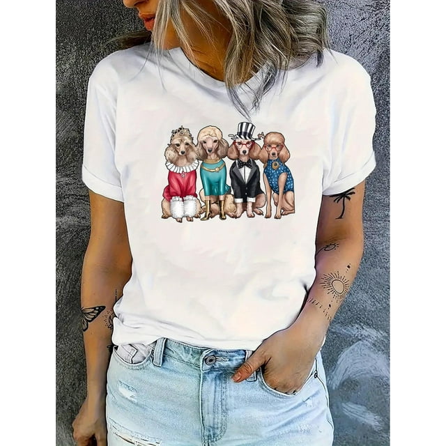 Camisetas con estampado para mujer, camisetas de manga corta de verano 2025, blusas casuales con cuello redondo para adolescentesWomen's Fashion Casual Round Neck Short Sleeve T-Shirt, Knitted Poly