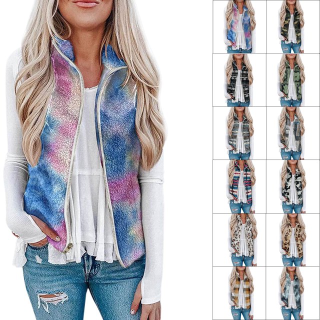 Tie Dye Sleeveless Fleece Vest, Warm Fashion Ethnic Lightweight Printed Soft Fleece Fuzzy Zipper Vest For Daily For Women ANGGREK Otros