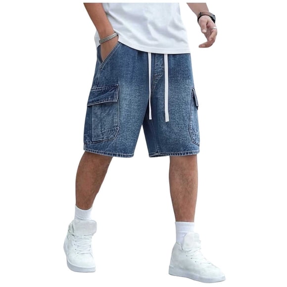 Mens Sport Shorts with Pockets Solid-Color Sports Denim Drawstring Large-Pocket Loose Straight-Cut Versatile Pants Shorts Mens Casual Shorts
