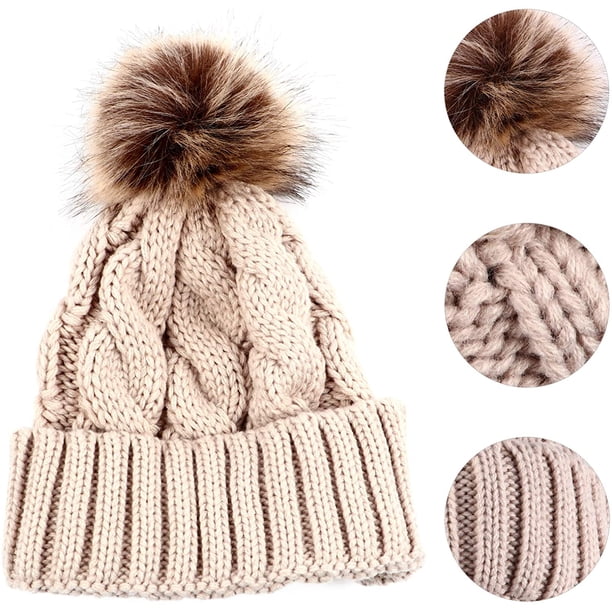 Faux Fur Pom Pom Beanie Fleece Lined Skull Cap Cuff Beanie  display picture 3