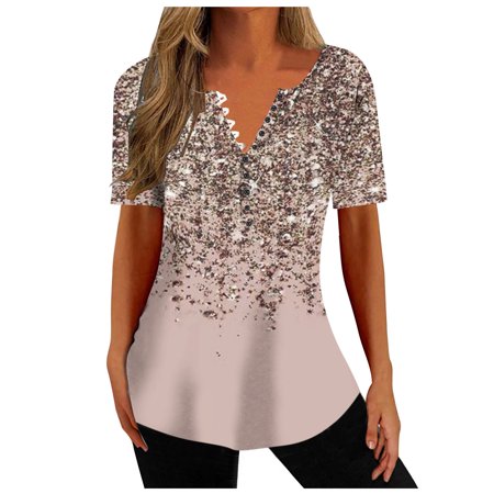 Patlollav Womens Short Sleeve Tops Summer Henley V-Neck Tshirts Casual Blouse Dressy Loose Floral Basic Tee