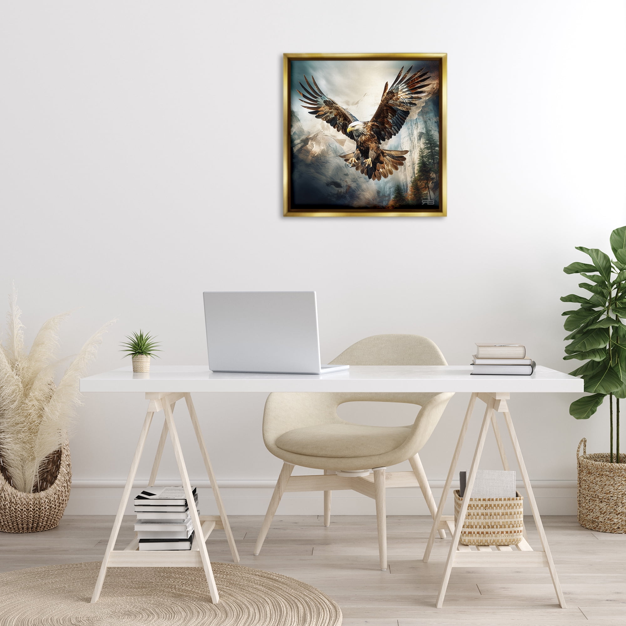 Stupell Industries Intense Eagle Spreading Wings Animals & Insects Painting Gold Floater Framed Canvas Art Print Wall Art, 25 x 25