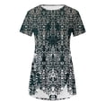 thumbnail image 4 of Aloohaidyvio Cyber and Monday Deals 2024 Women's Button Decor Asymmetric Hem Tunic Top Round Neck Ethnic Floral Printed Short Sleeve Blouse/Shirt, 4 of 5